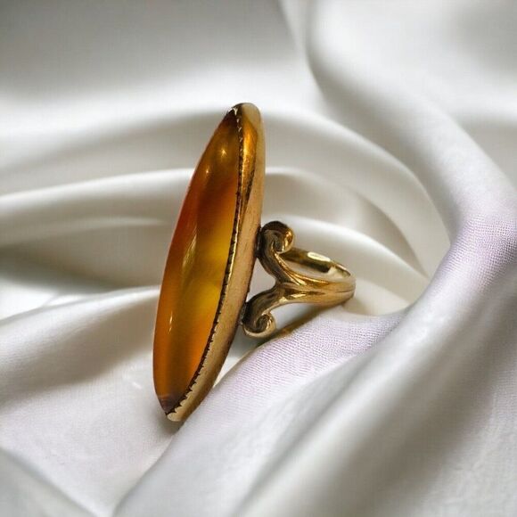 Antique 10k Gold Banded Agate Ring Sz 4.25 c1900 Victorian Navette Ring 2.7g - Picture 12 of 16